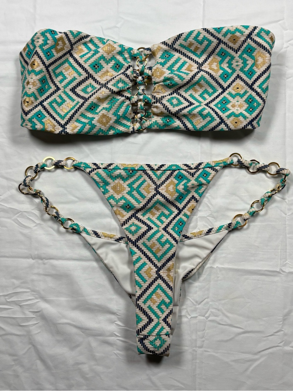 Beach Bunny Turquoise Geometric Bikini Set with Chain Detail